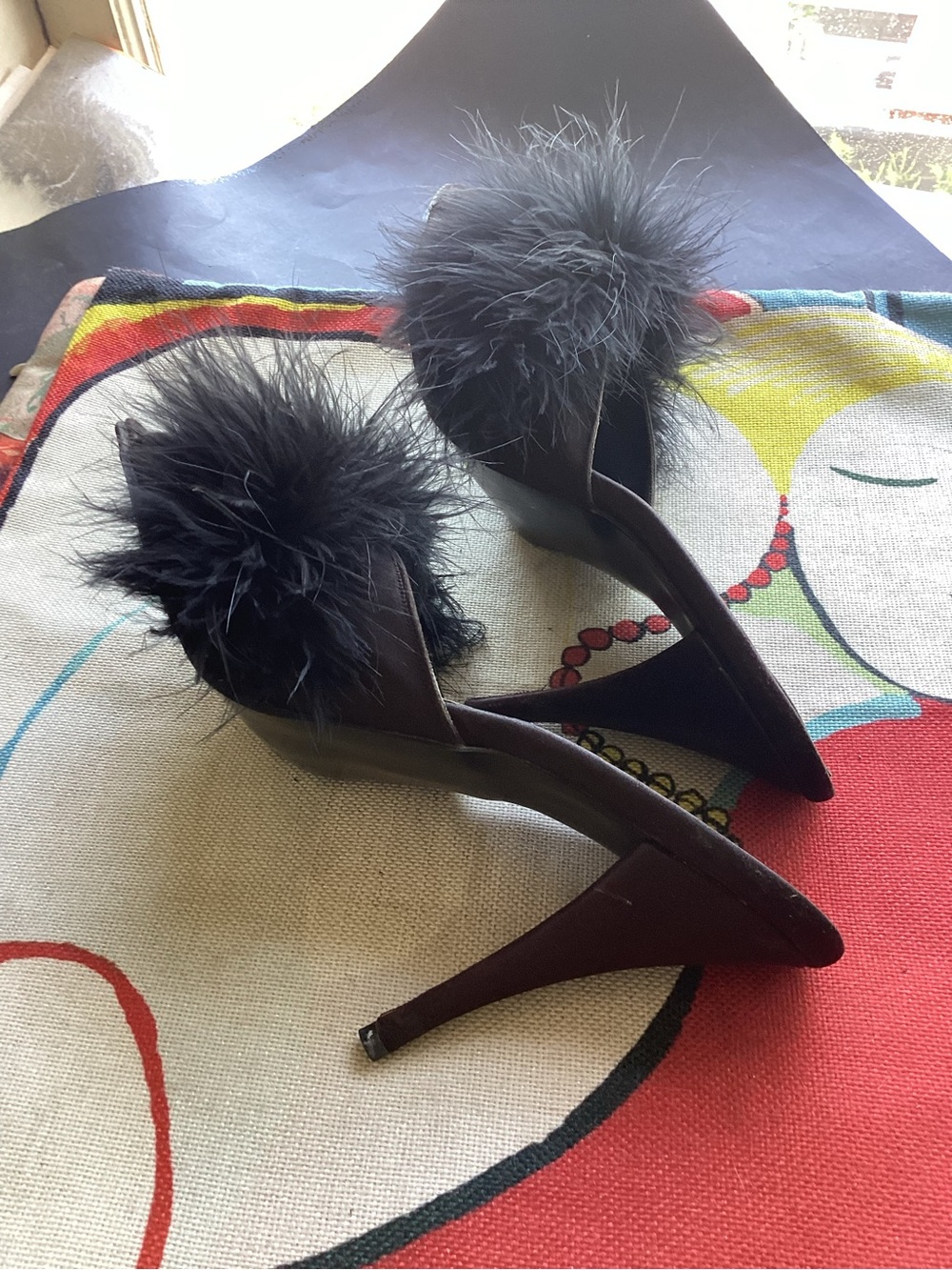 Vintage plume satin mules